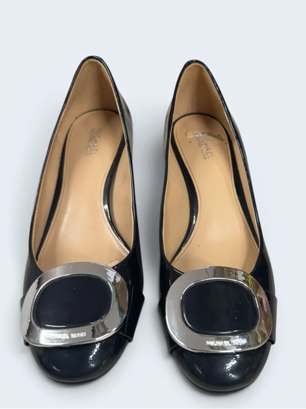 Michael Kors Black Patent Block Heel Pumps with Silver Buckle Size 7.5